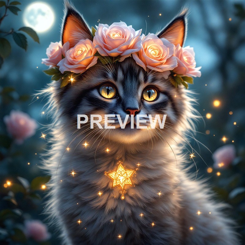 A cat with striking yellow eyes wearing a crown of glowing pink roses on its head, surrounded by tiny sparkles and a glowing star pendant, set against a moonlit, blurred background.